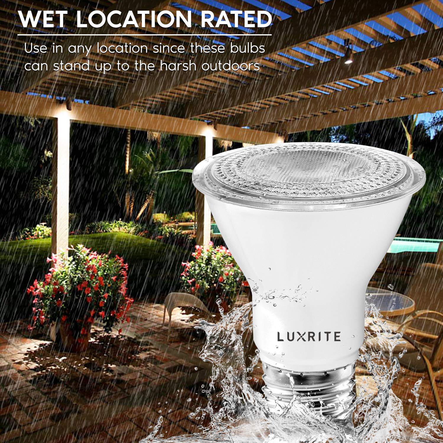 LUXRITE PAR20 LED bulb wet-rated for patio or porch lighting