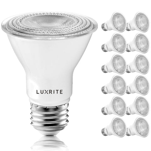 Luxrite PAR20 LED bulbs 12-pack front view for versatile indoor lighting.