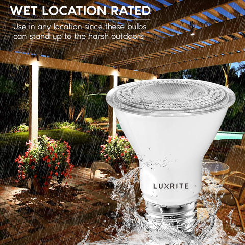 LUXRITE PAR20 LED bulbs installed outdoors in a patio for wet-rated lighting.