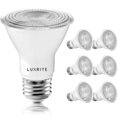 LUXRITE PAR20 LED bulbs pack front view highlighting energy-efficient lighting.