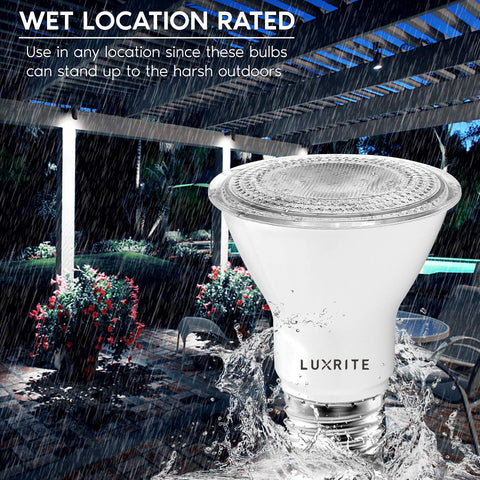 Luxrite PAR20 LED bulbs patio-wet-rated outdoor reliability in any weather.