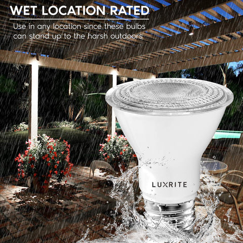 LUXRITE PAR20 LED wet-rated bulbs suitable for outdoor locations.