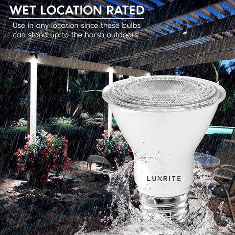 LUXRITE PAR20 LED spotlight bulbs provide 4000K cool white for crisp task lighting.