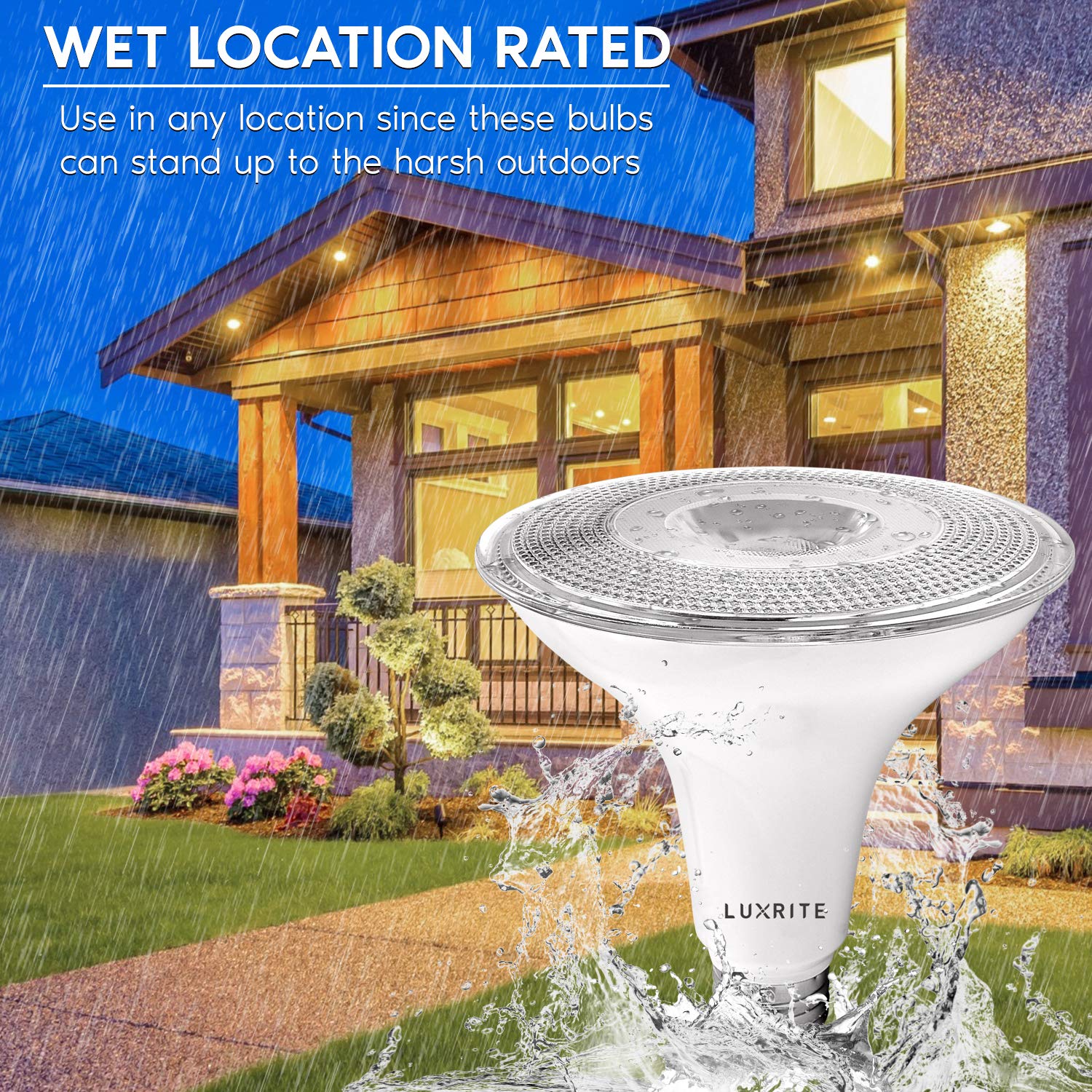 LUXRITE PAR38 wet-rated outdoor bulb ideal for patios and driveways.
