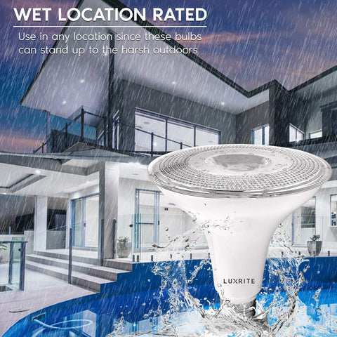 Luxrite wet-rated lighting ideal for outdoor walls, garages, and wet locations.
