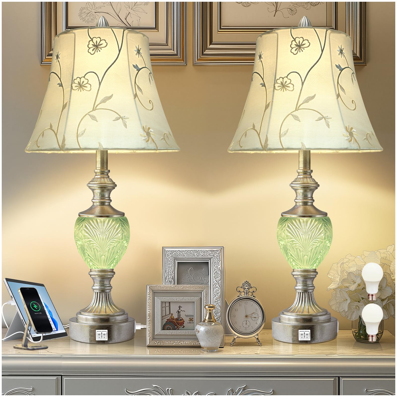 LuxSight Bedside Lamp Set 2 base, sturdy 27-inch silhouette for secure bedside placement