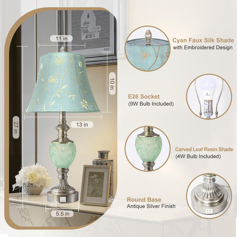LuxSight Bedside Lamp Set 2 embroidered shade, floral embroidery adds refined bedroom charm
