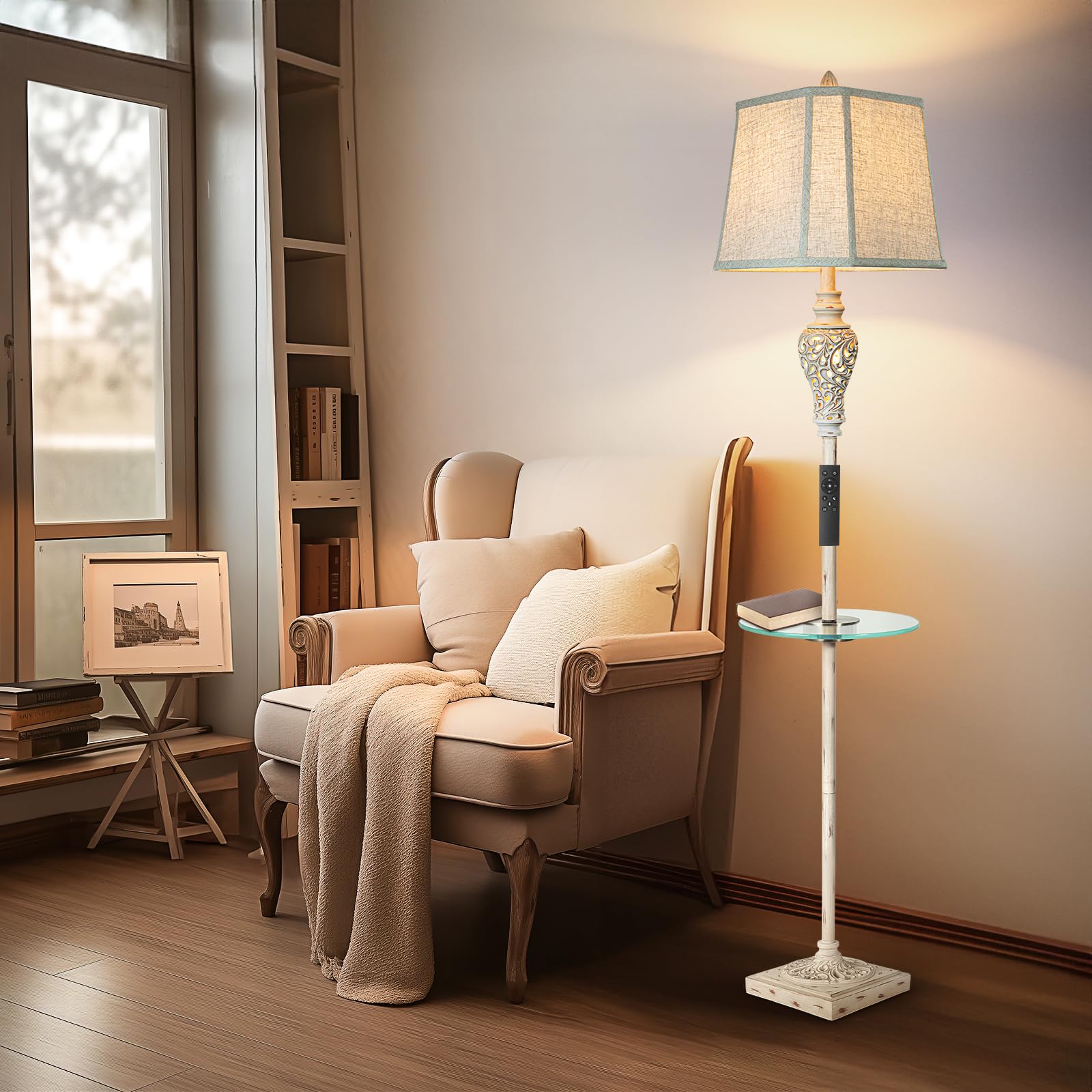 LuxSight Collection night light carved design adds warm accents to a living room corner.