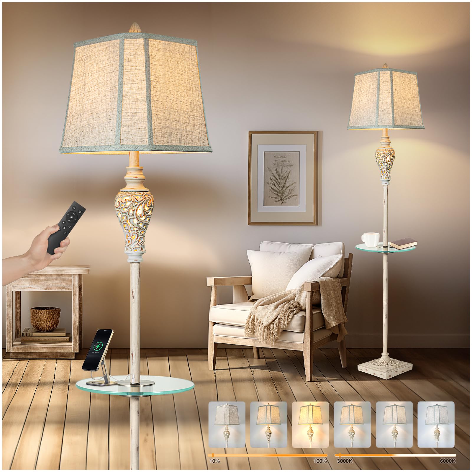 LuxSight Collection rustic floor lamp with glass tray for ambient lighting.