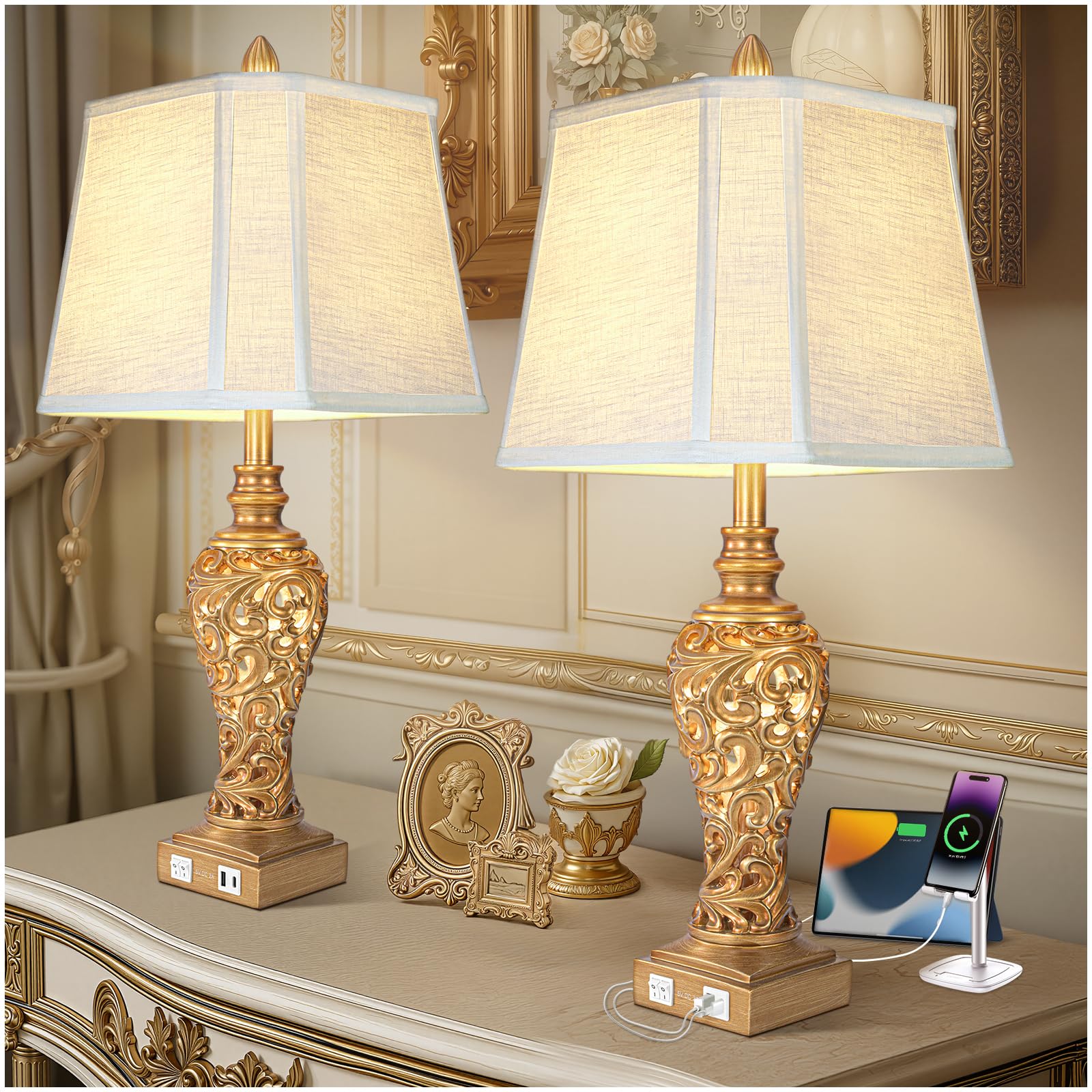 LuxSight Collection vintage table lamps base focus, enhances bedside ambiance with tall presence.