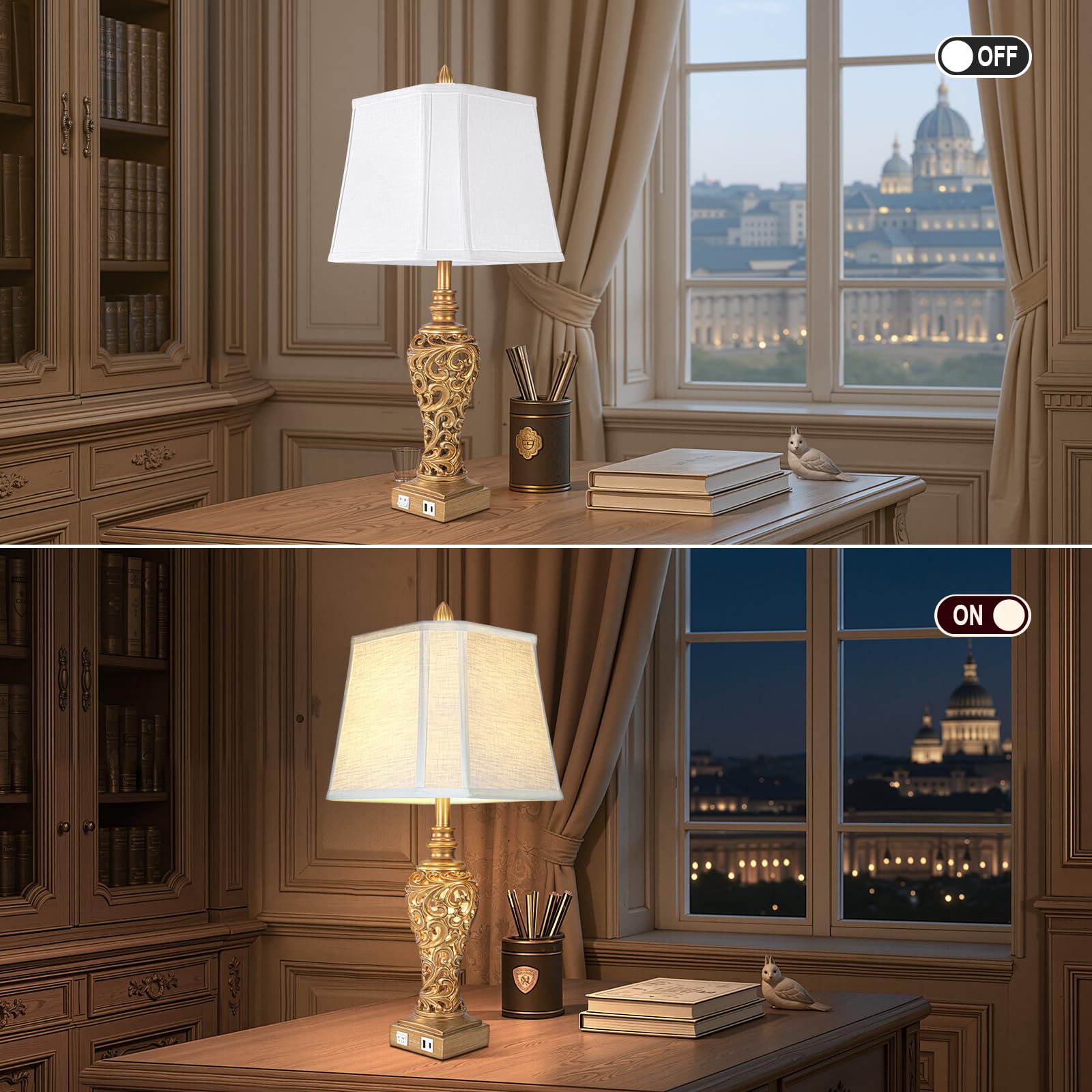 LuxSight Collection vintage table lamps antique gold finish complements farmhouse decor.