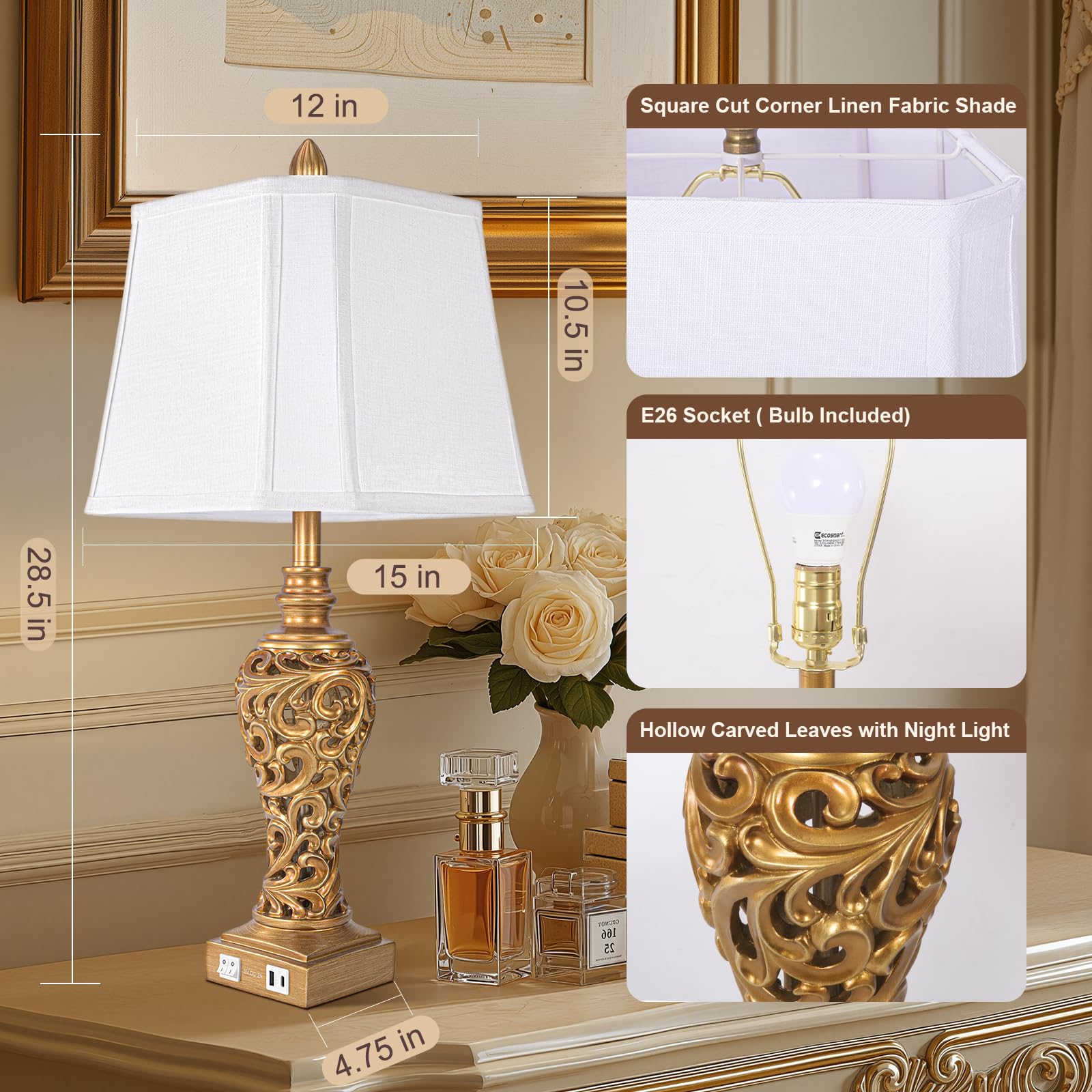 LuxSight Collection vintage table lamps shades focus, soft linen shade creates cozy lighting.