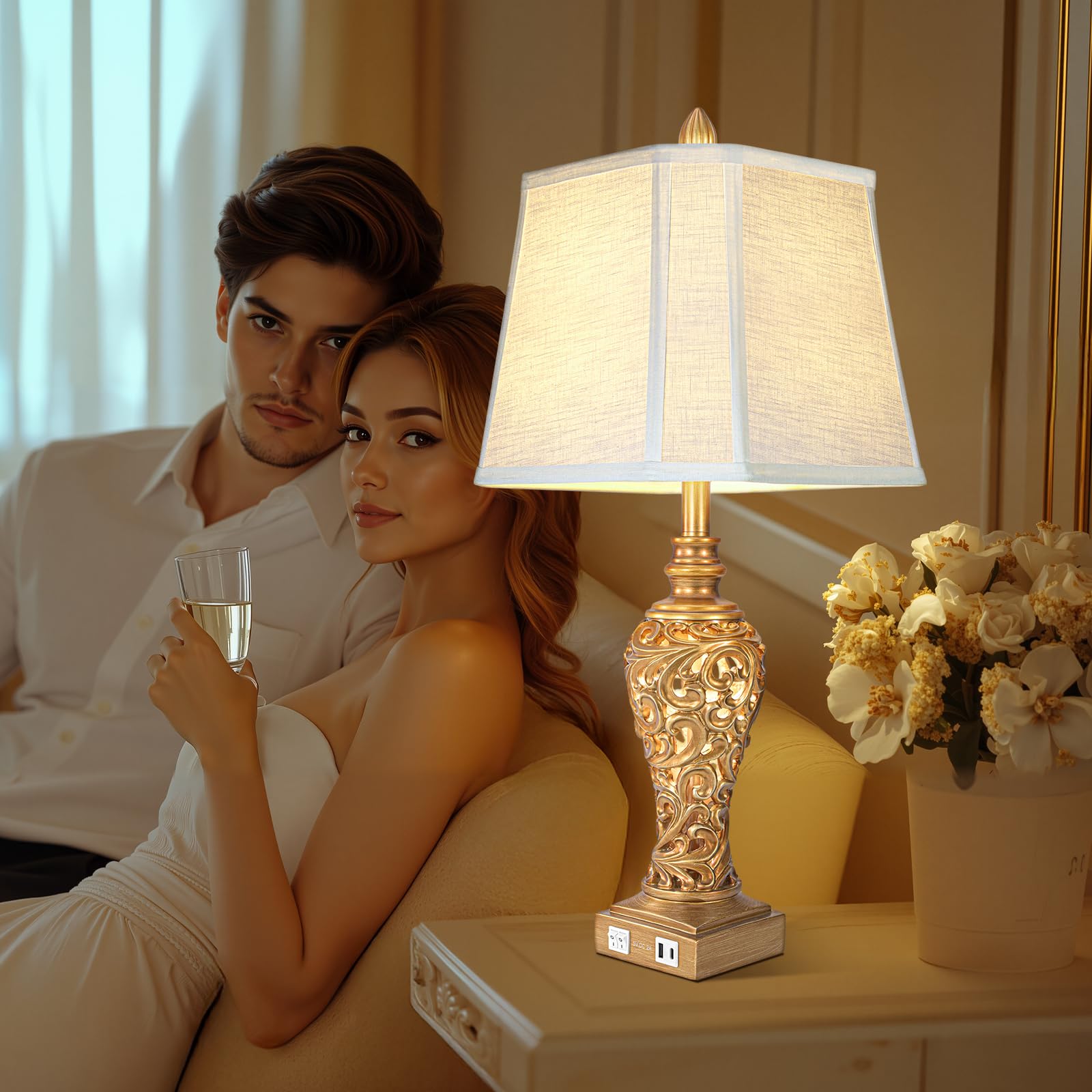 LuxSight Collection vintage table lamps dual switches control main and night light.
