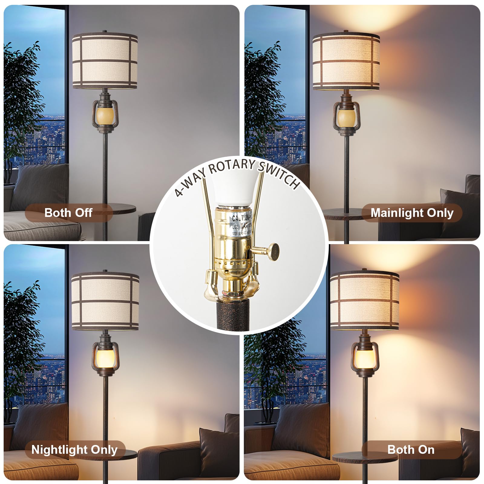 LuxSight Rustic Farmhouse lamp 4-way switch enabling flexible lighting options for activities.