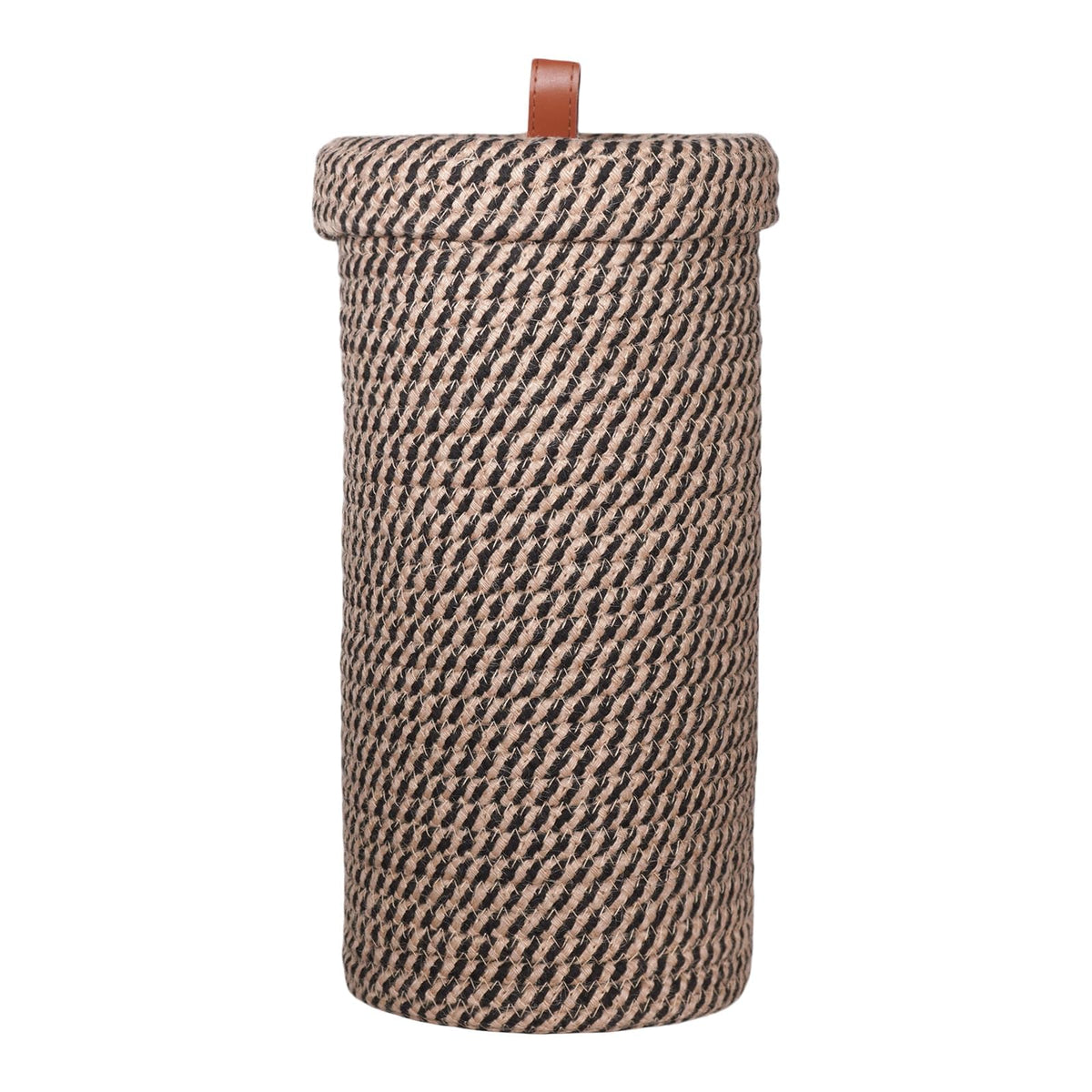 Luxury Little boho black toilet paper holder with woven cotton finish keeps three mega rolls tidy.