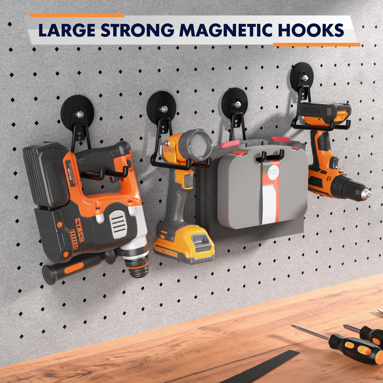 Lvoess magnetic hook on pegboard keeps garden tools within reach without slipping