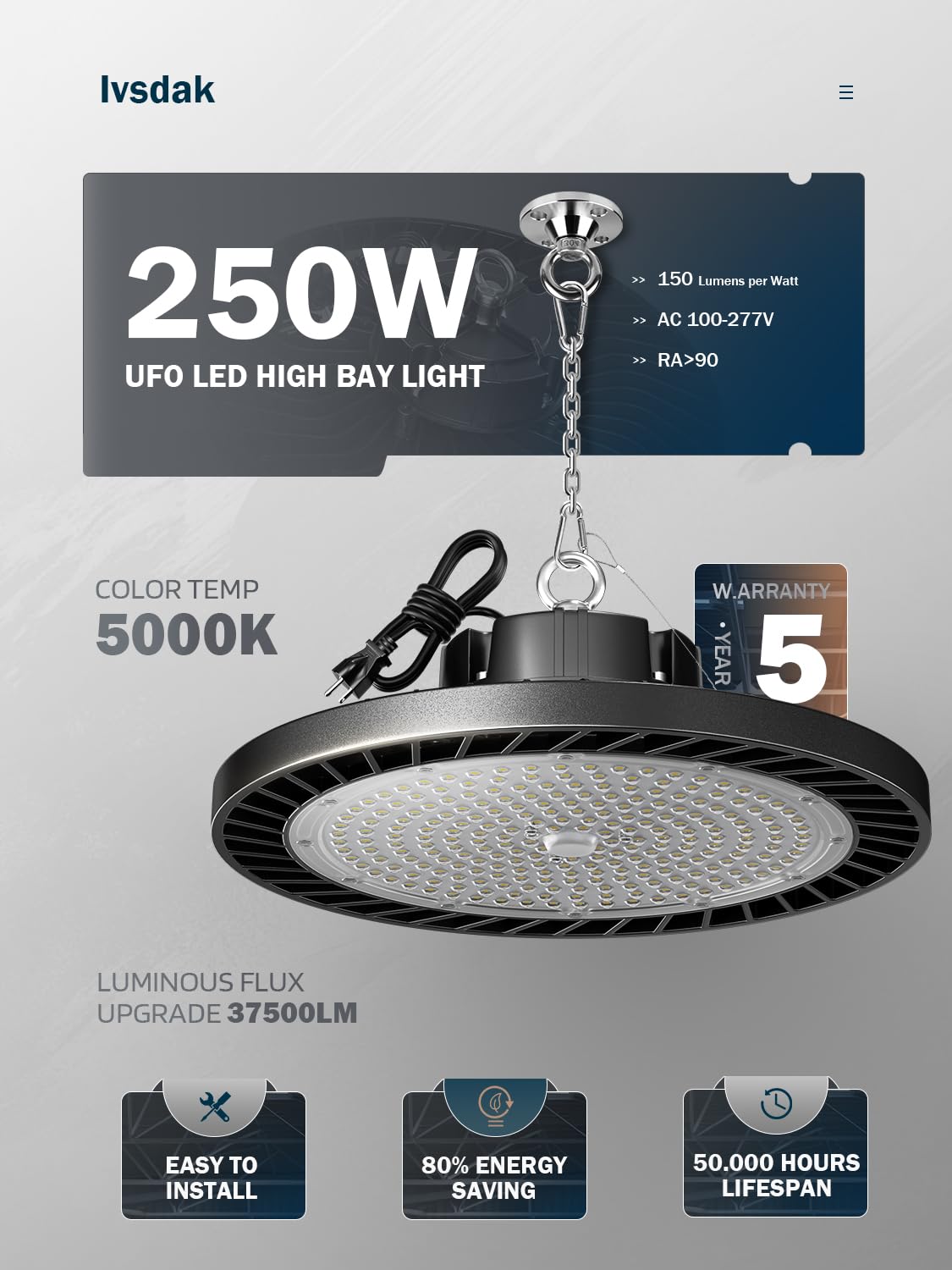 lvsdak LED High Bay 5000K daylight for precise detail work.