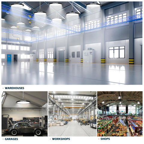 lvsdak UFO LED High Bay 200W industrial warehouse scene demonstrates bright, energy-efficient lighting.