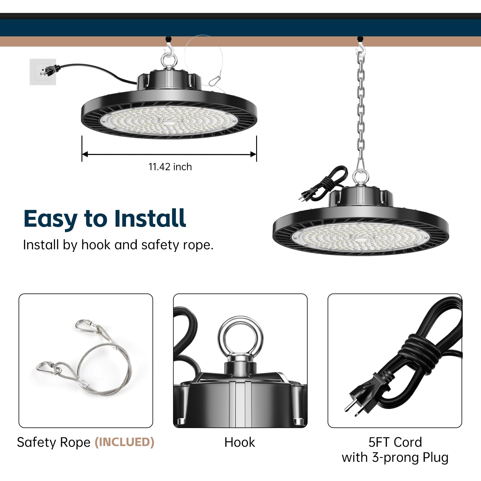 lvsdak UFO LED high bay light AC100-277V compatibility for versatile setups.