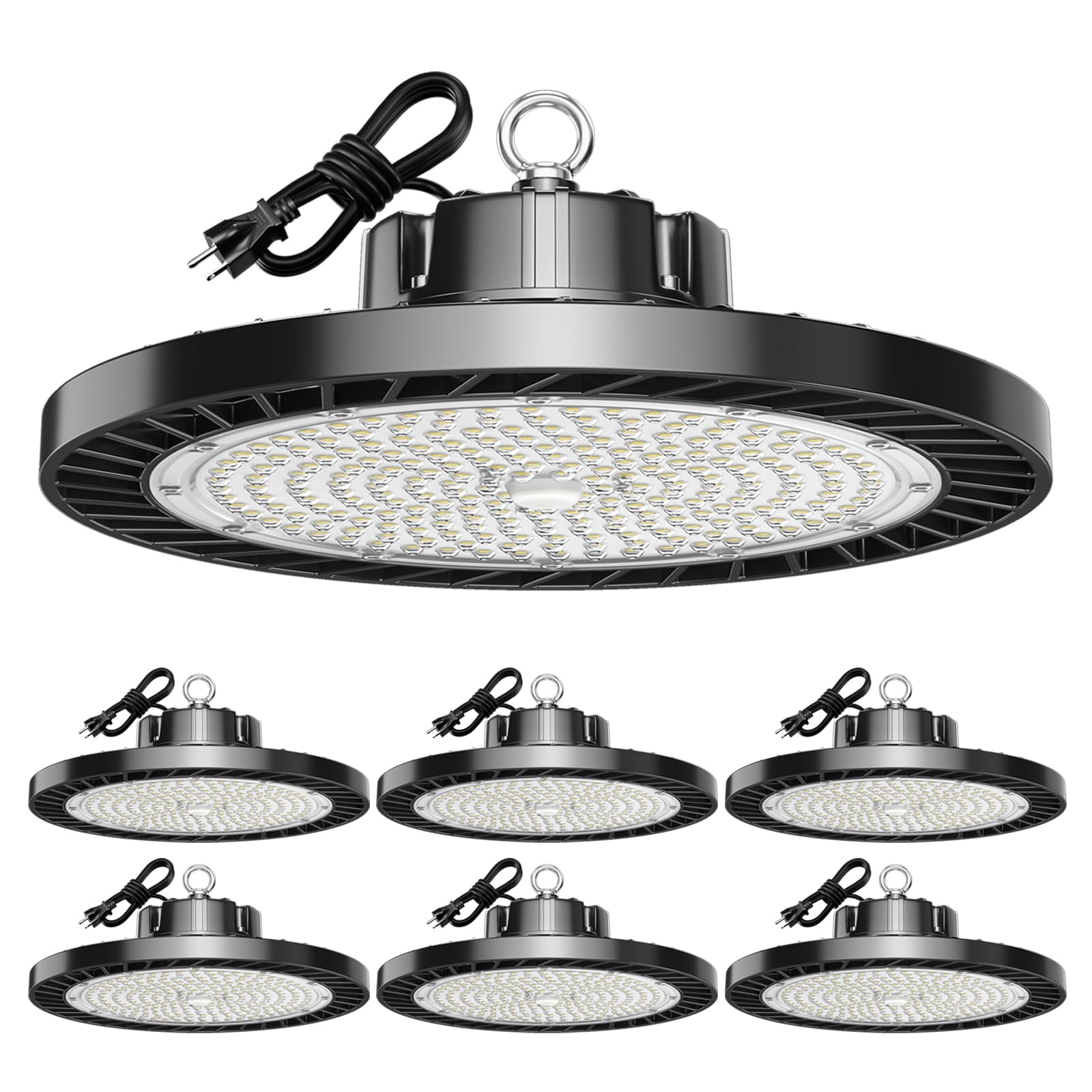 lvsdak UFO LED high bay light 5000K 200W six-pack delivering bright 30000 lumens.