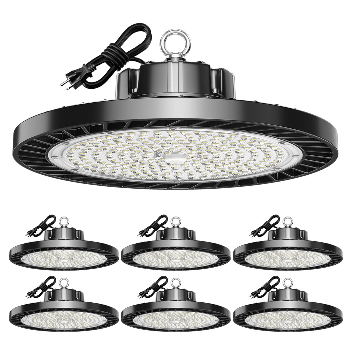 lvsdak UFO LED high bay light 5000K 200W six-pack delivering bright 30000 lumens.
