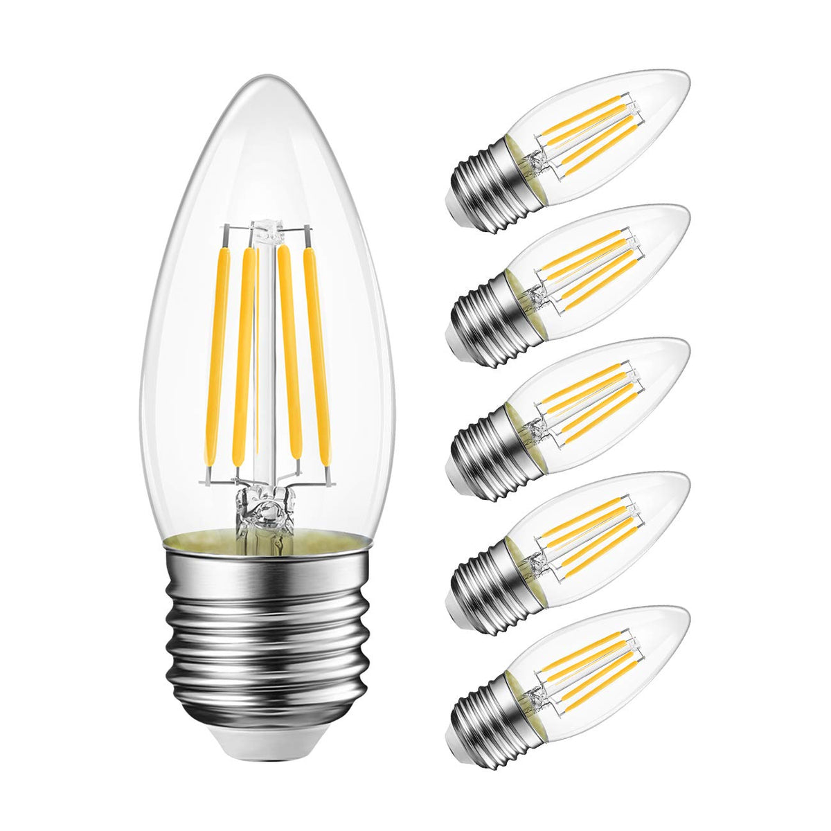 LVWIT B11 LED filament bulb with E26 base for easy chandelier installation.