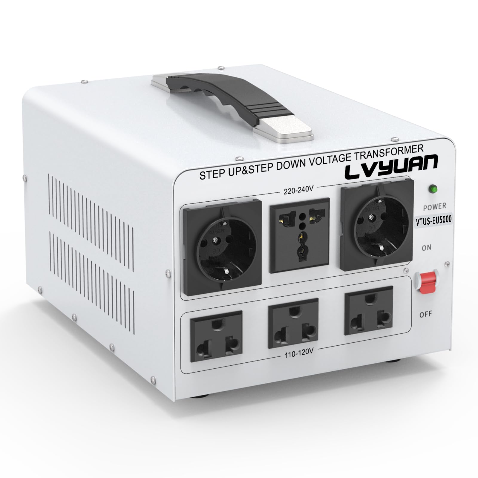 LVYUAN 5000W transformer front view with six outlets for worldwide devices