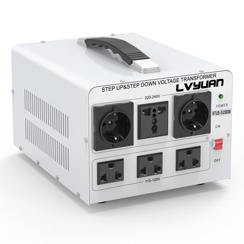 LVYUAN 5000W transformer front view with six outlets for worldwide devices