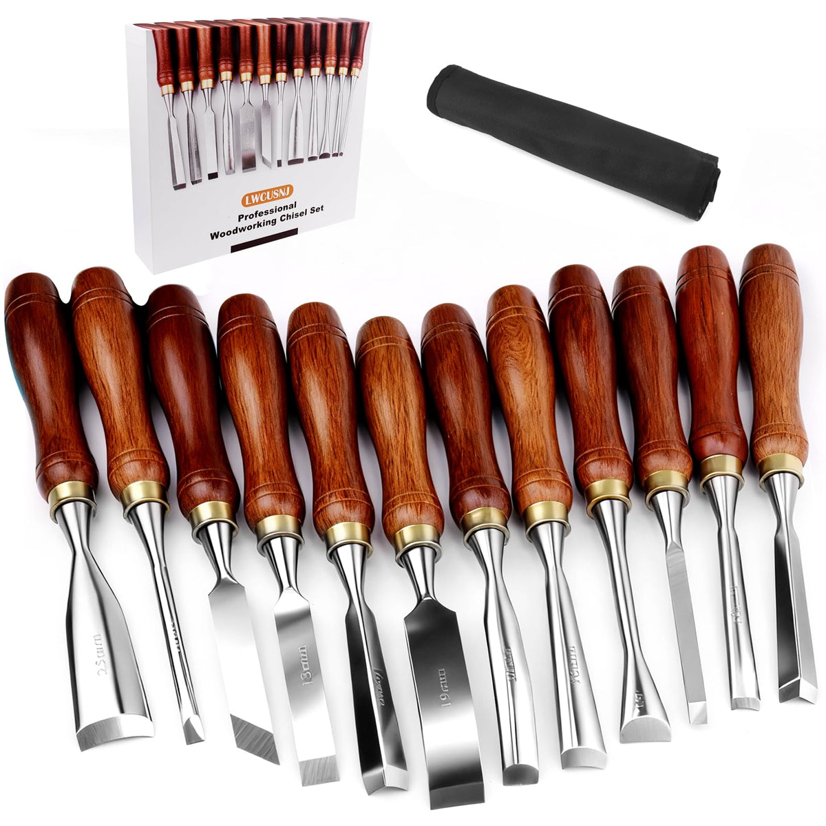 LWCUSNJ 12 piece carving chisel set blades close up showing Cr-V 60 steel durability for clean cuts