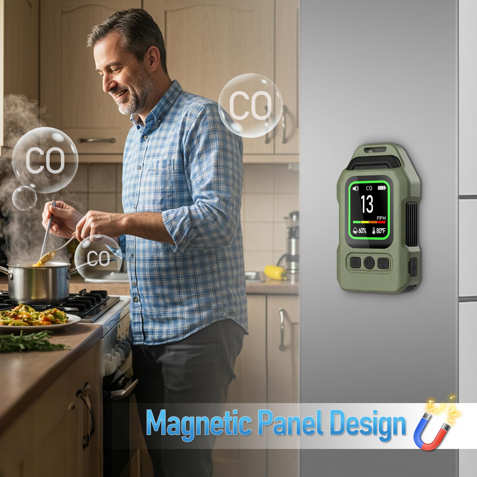 Lwuey CO detector with long standby and USB-C charging for extended use.