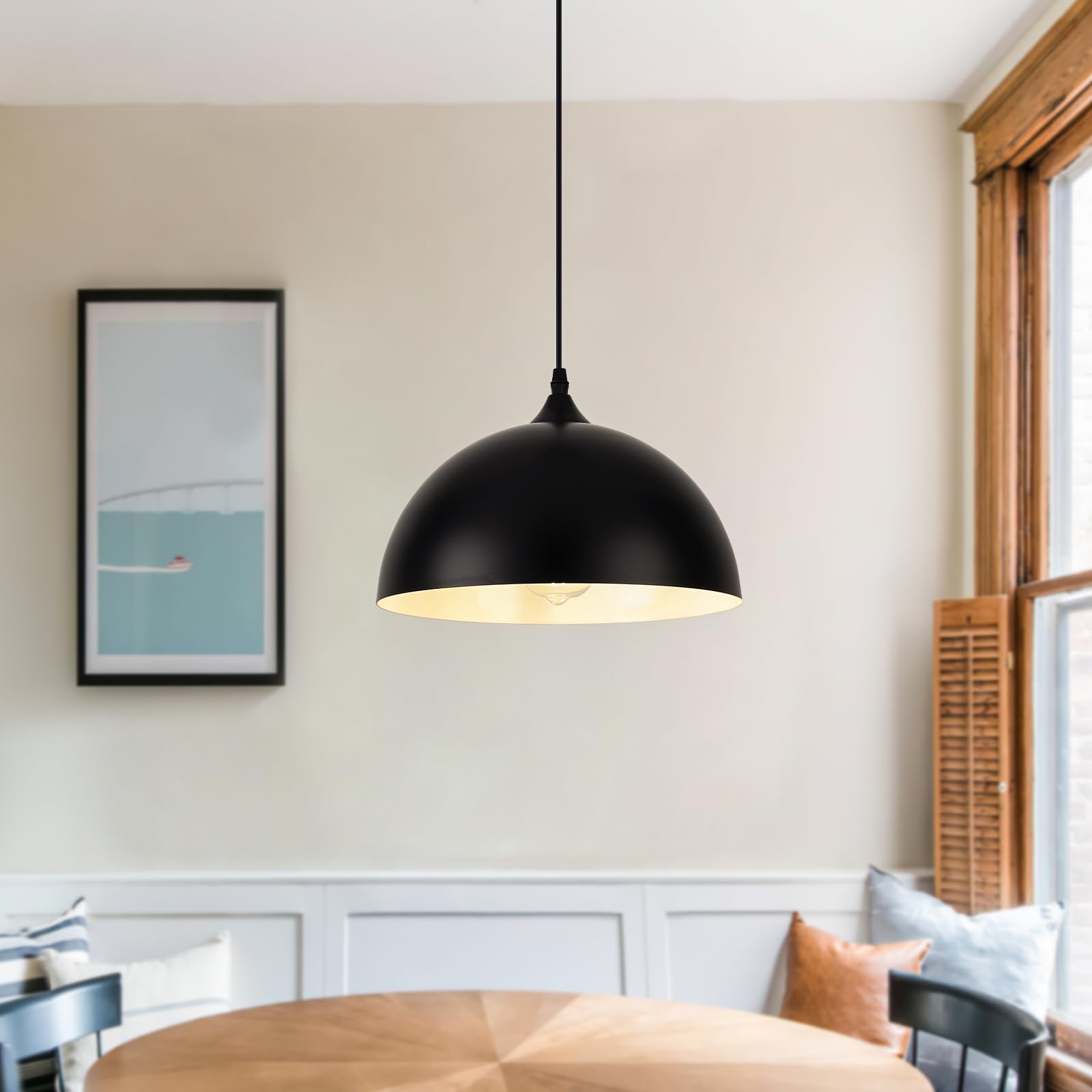 LWWHQ close up of the matte black and white two tone shade on the pendant.