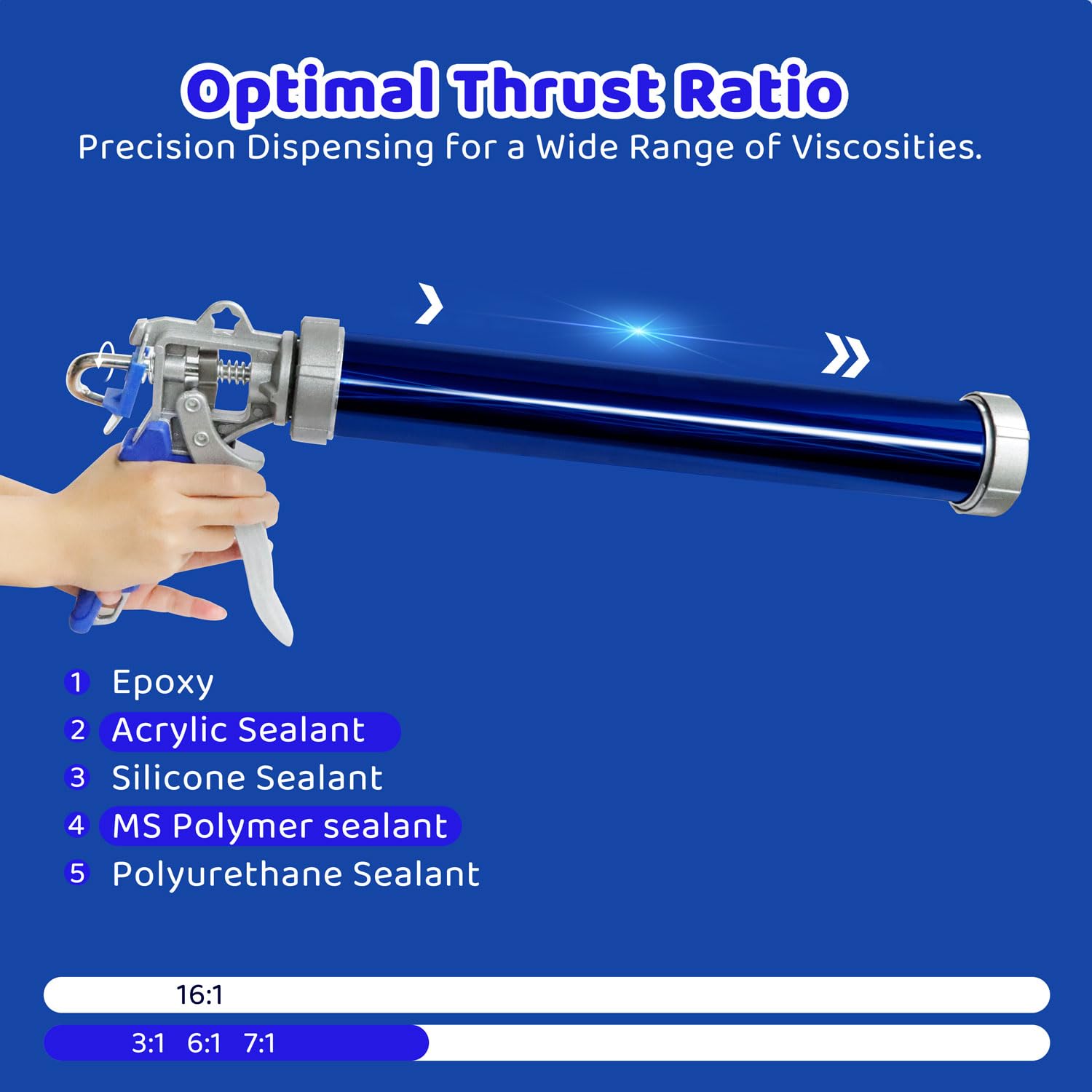 lwytdnmsd sausage gun delivers 18:1 thrust for thick caulk.