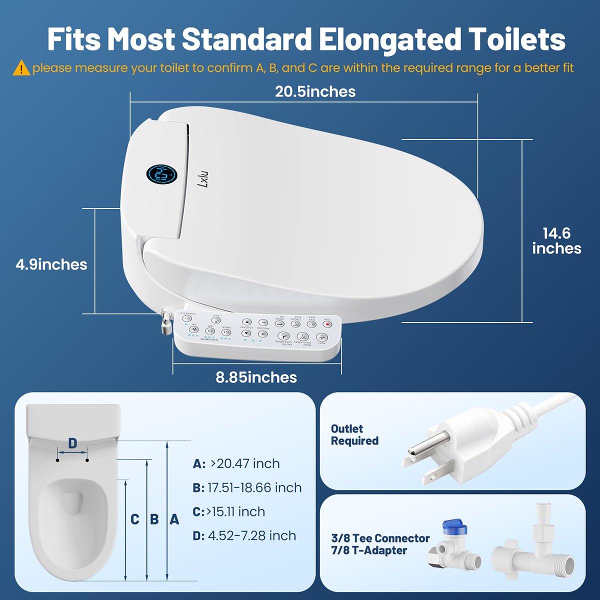 Lxlu bidet seat soft-close lid reduces noise during operation.