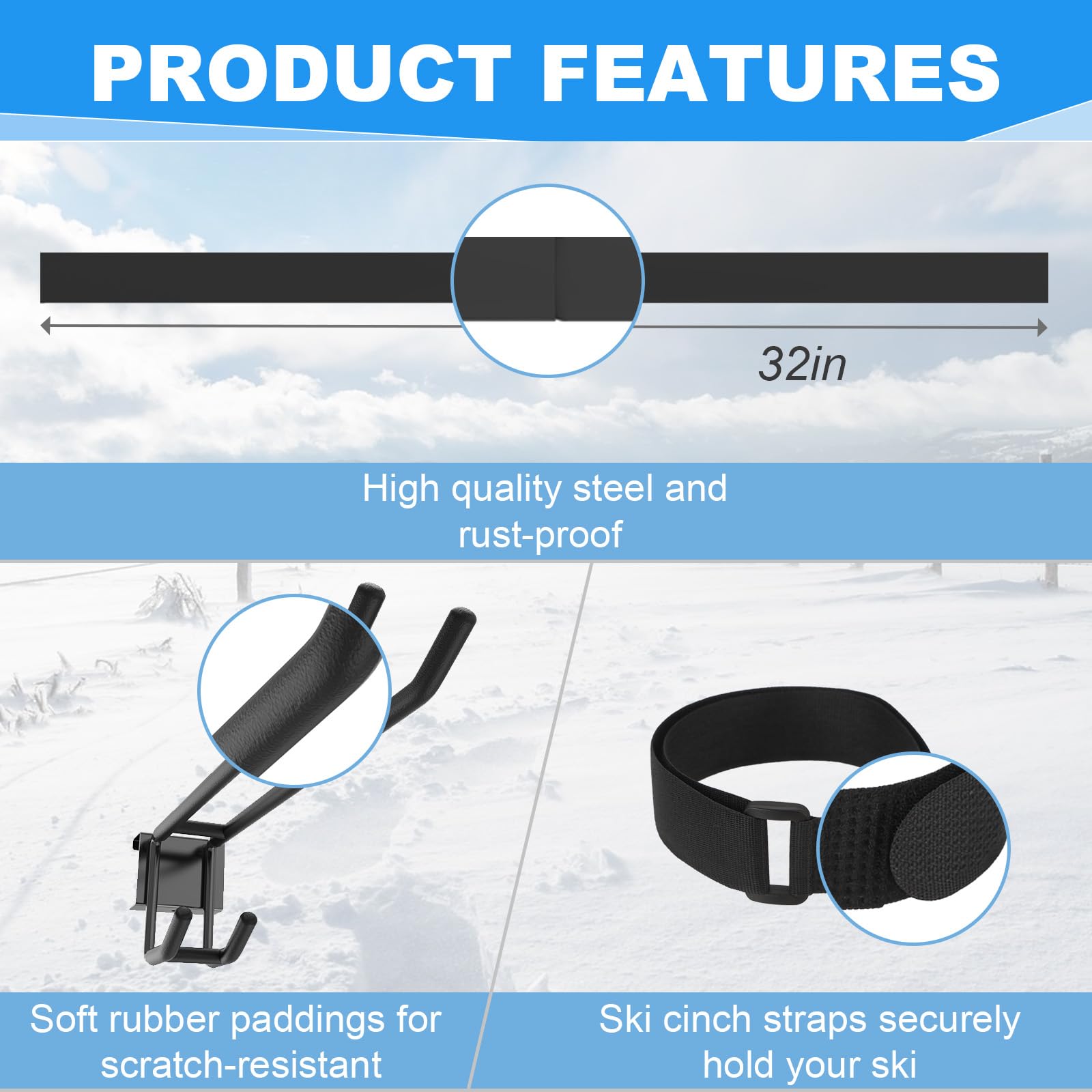 LXVOOEE ski rack in black powder-coated steel for durable long-term use