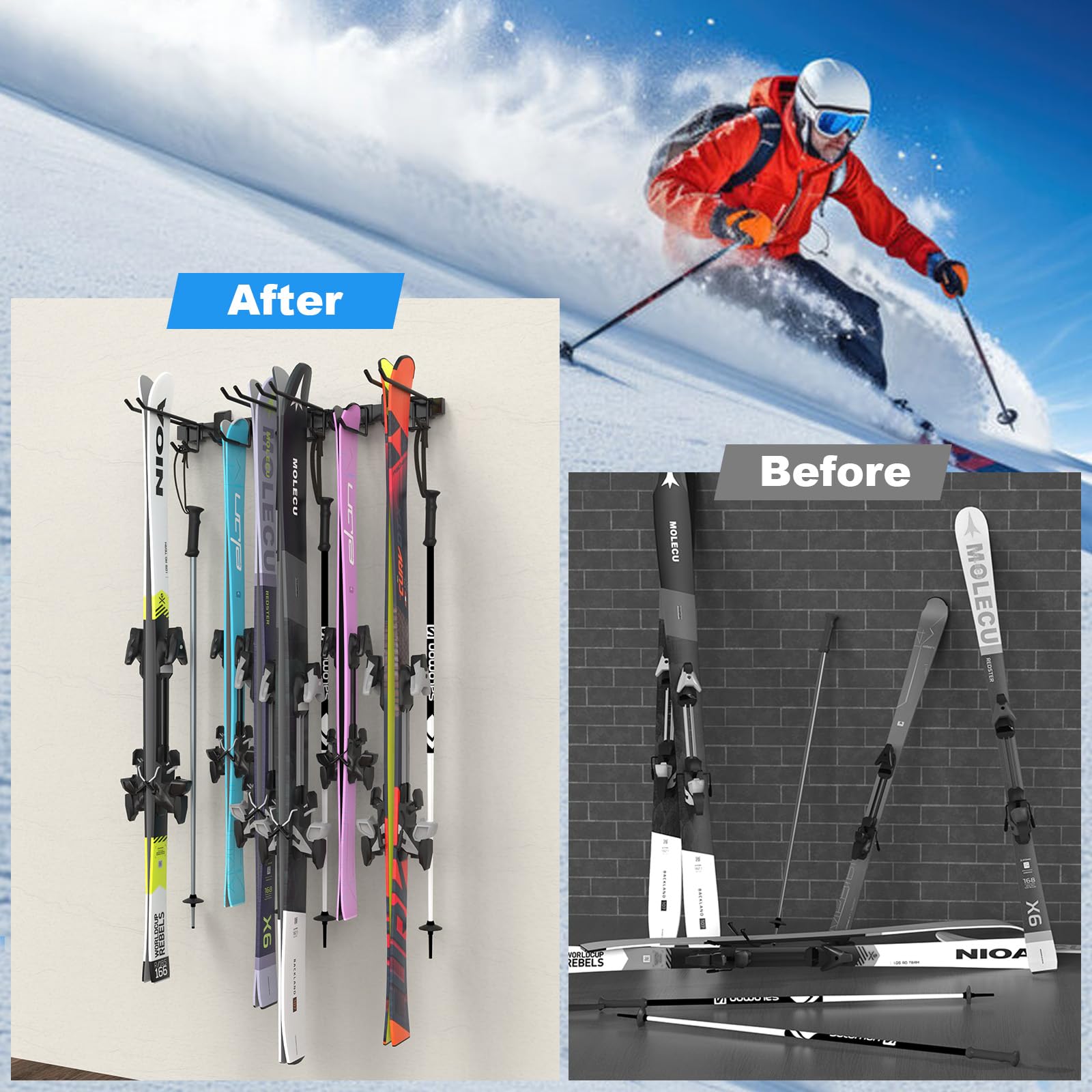 LXVOOEE multipurpose ski storage rack organizes gear, helmets, gloves, and more