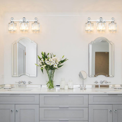 Lxybcce crystal shade detail adds sparkling texture to bathroom walls.