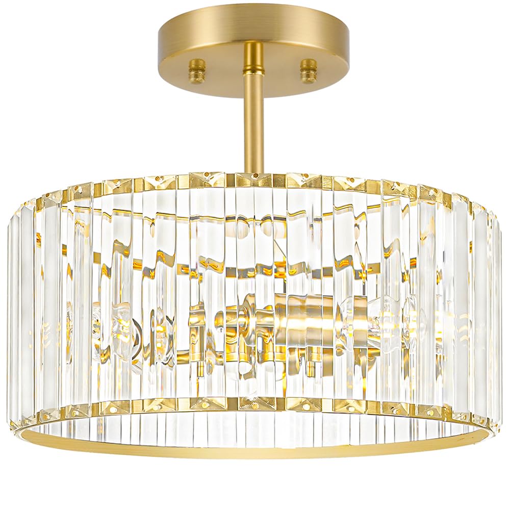 Lxybcce modern crystal ceiling light in brushed gold with 3 lights for bright hallways.