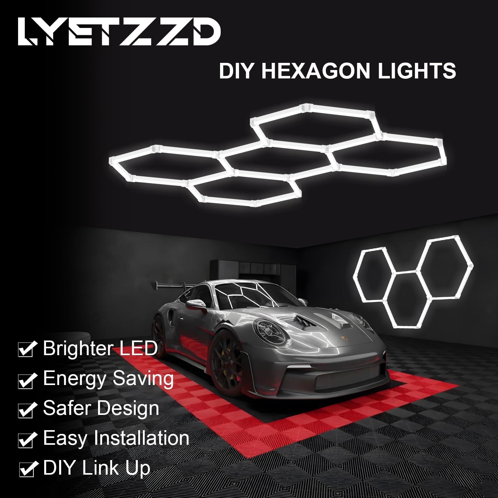 LYETZZD Hexagon garage light in use in a garage setup
