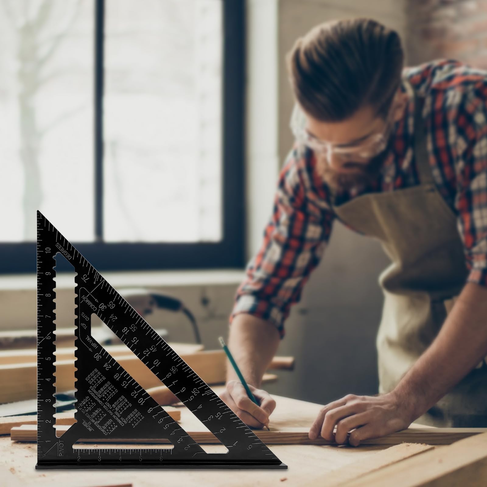 LYHLYA rafter square includes protractor functionality for angle checks.