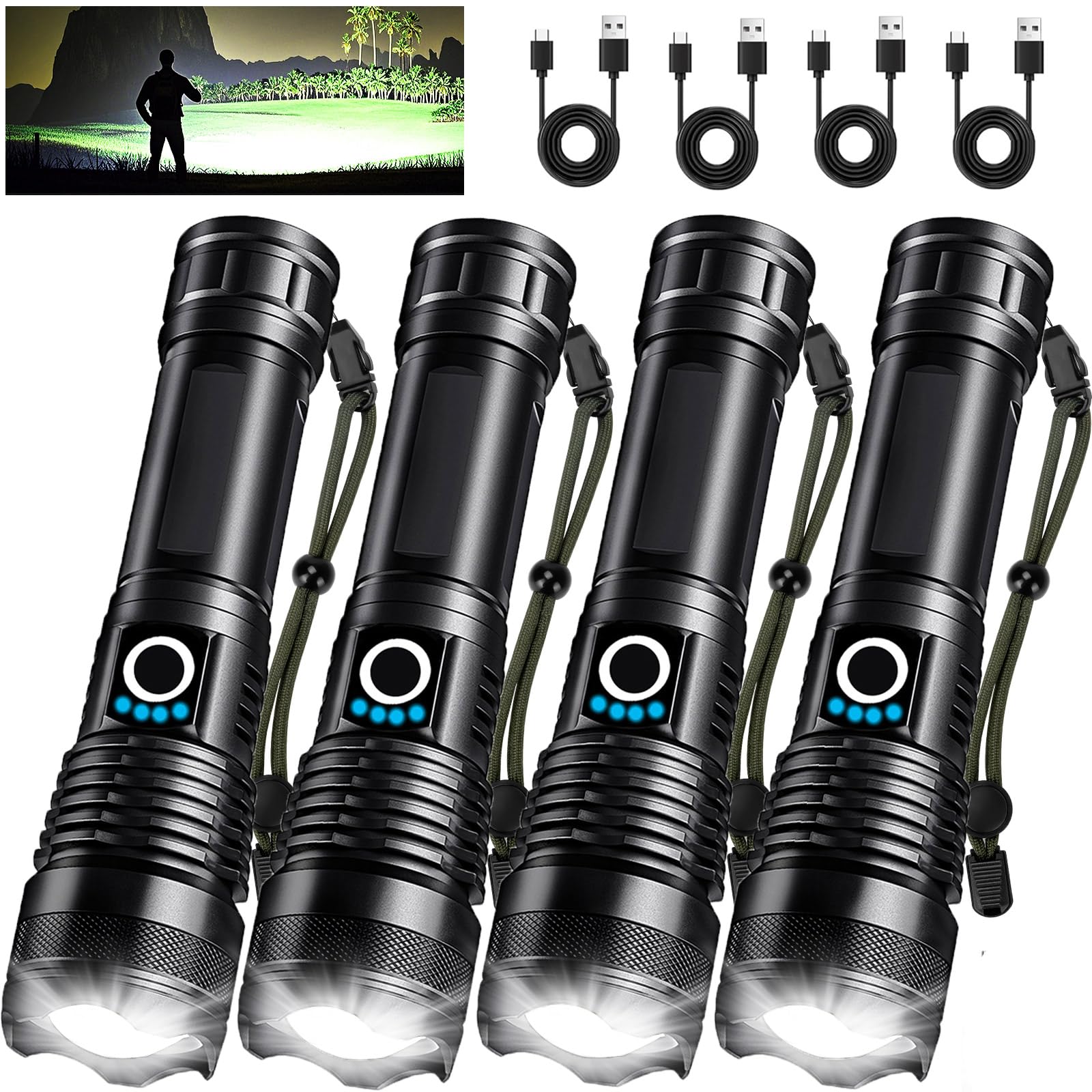 Lylting 4-pack flashlights front view, compact and portable for on-the-go lighting.