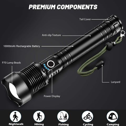 Lylting flashlight head adjusts from wide to focused beam