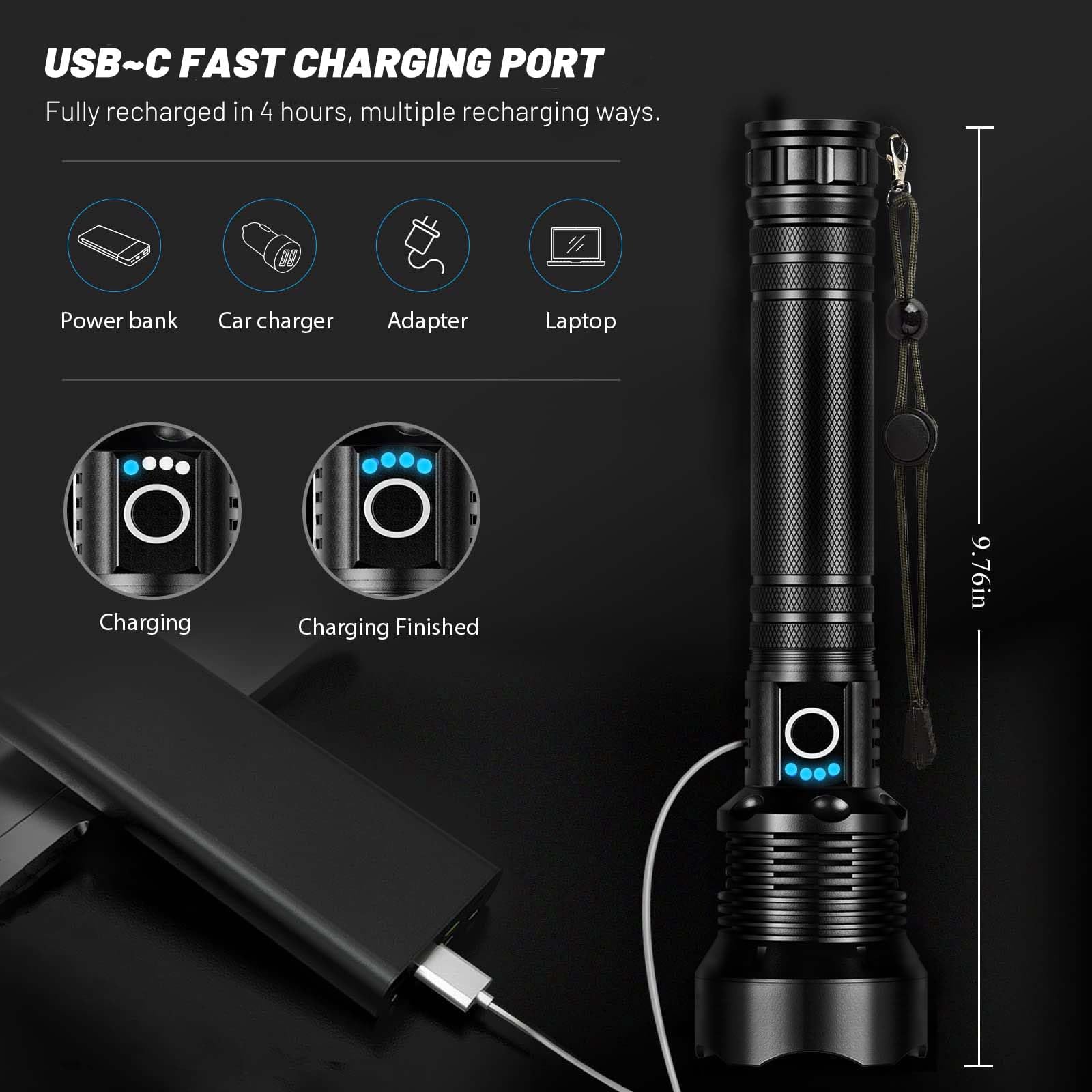 Lylting flashlight charging via USB Type-C for versatile power options