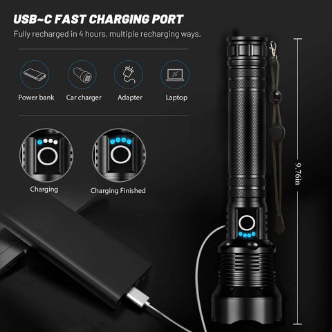 Lylting flashlight charging via USB Type-C for versatile power options