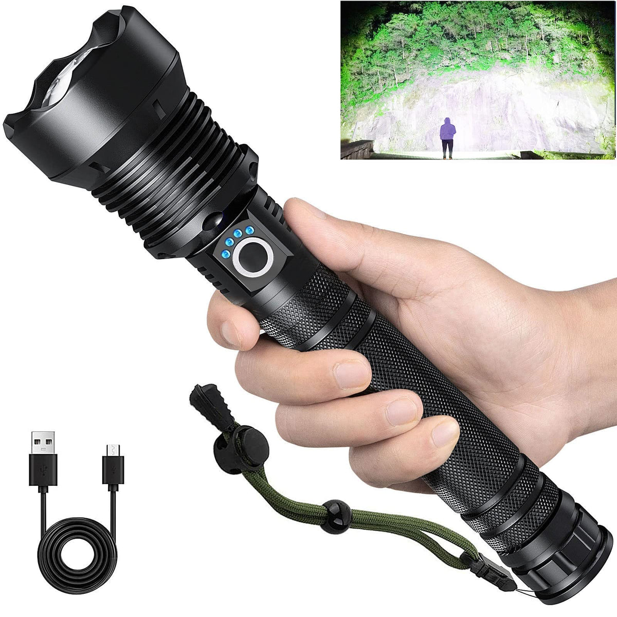 Lylting wide beam rechargeable flashlight illuminating outdoor areas up to 200 m2