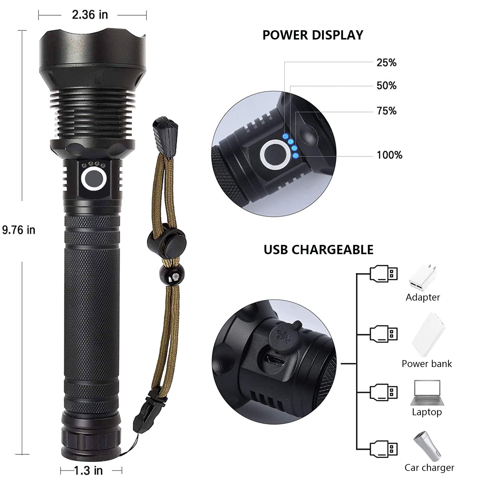 Lylting flashlight features durable aluminum body for rugged use.