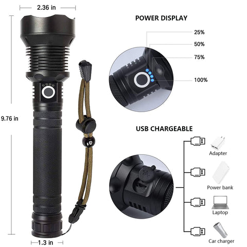 Lylting flashlight features durable aluminum body for rugged use.