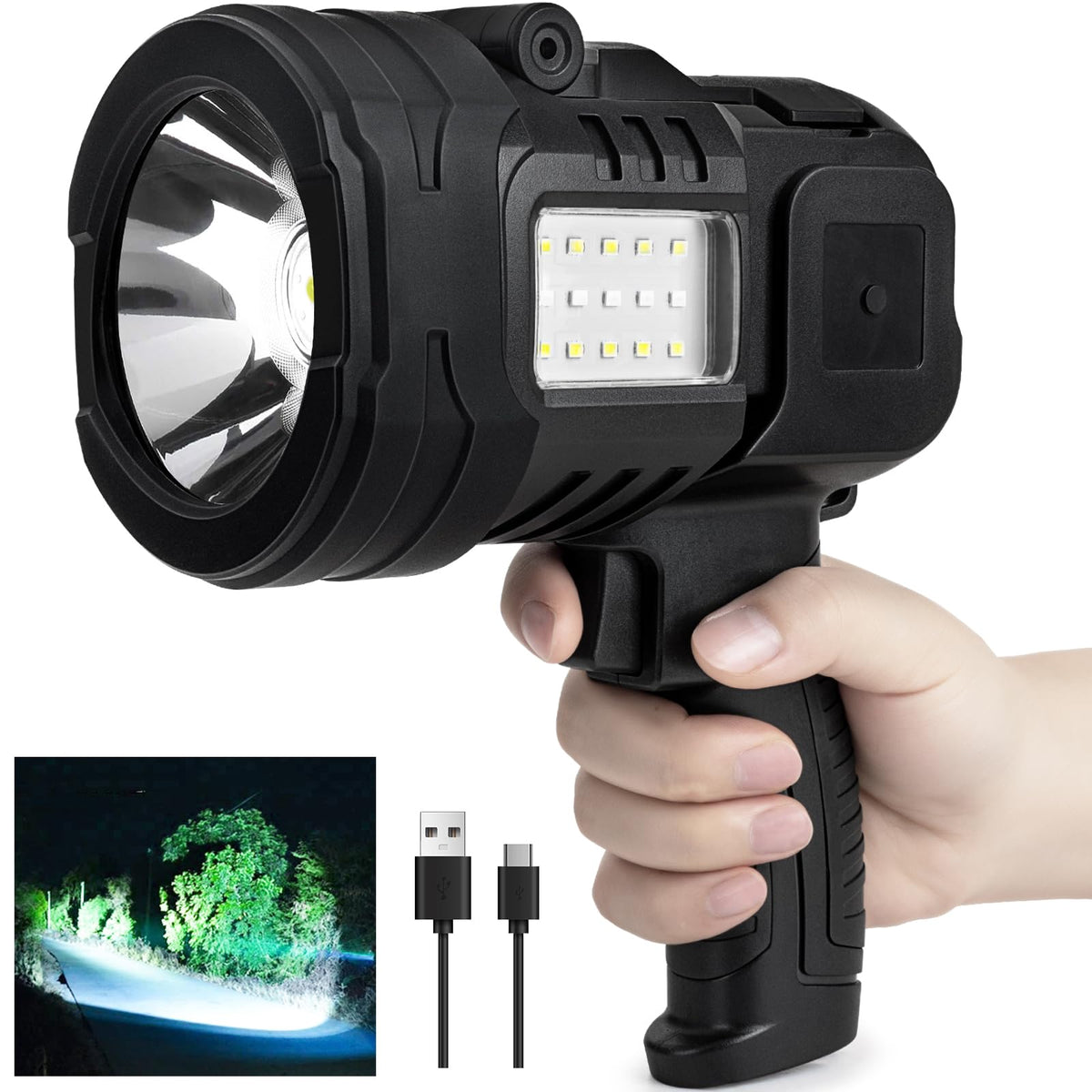 Lylting rechargeable spotlight front view, ideal for night visibility during outdoor activities.