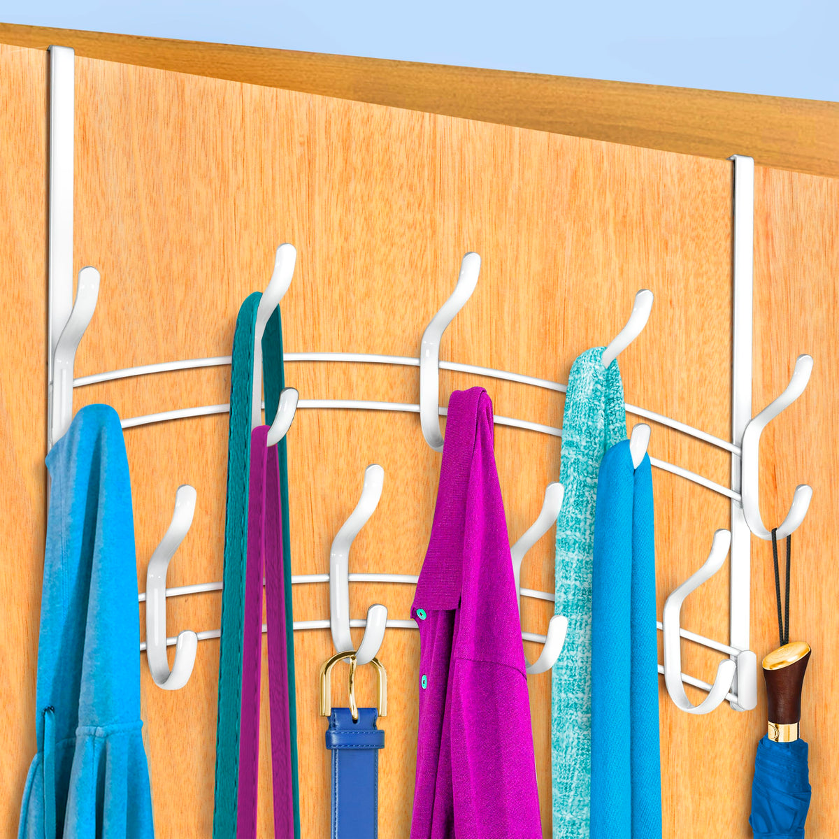 LYNK Professional Home 18-hook over-door rack displaying organized coats and accessories.