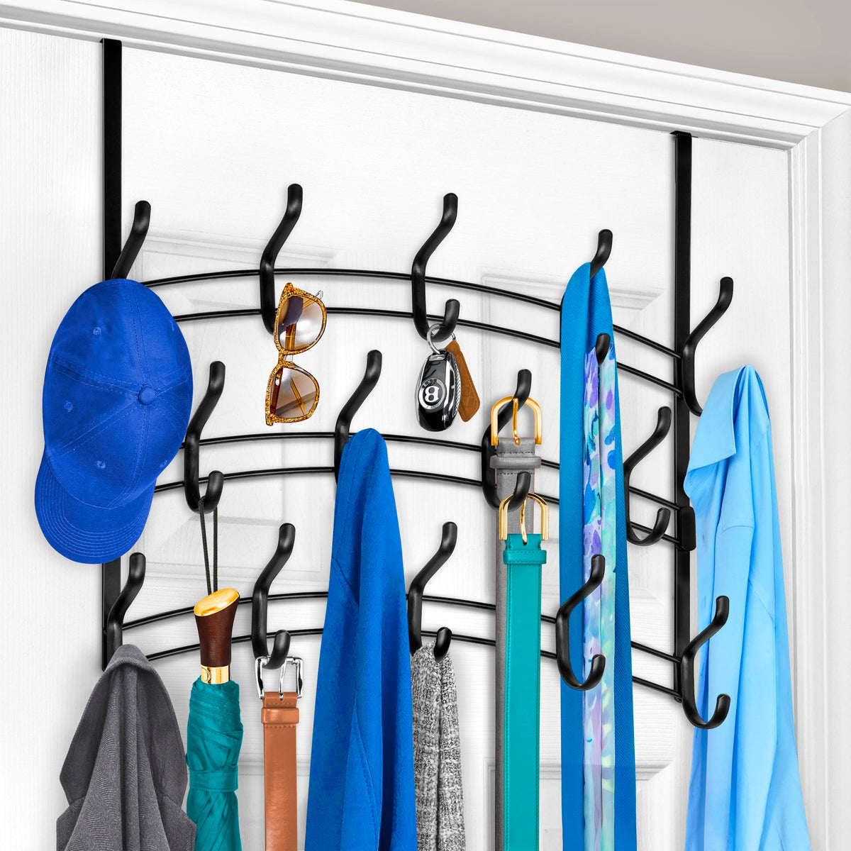 LYNK Professional Home 28-hook over-the-door rack organizes shirts and towels.
