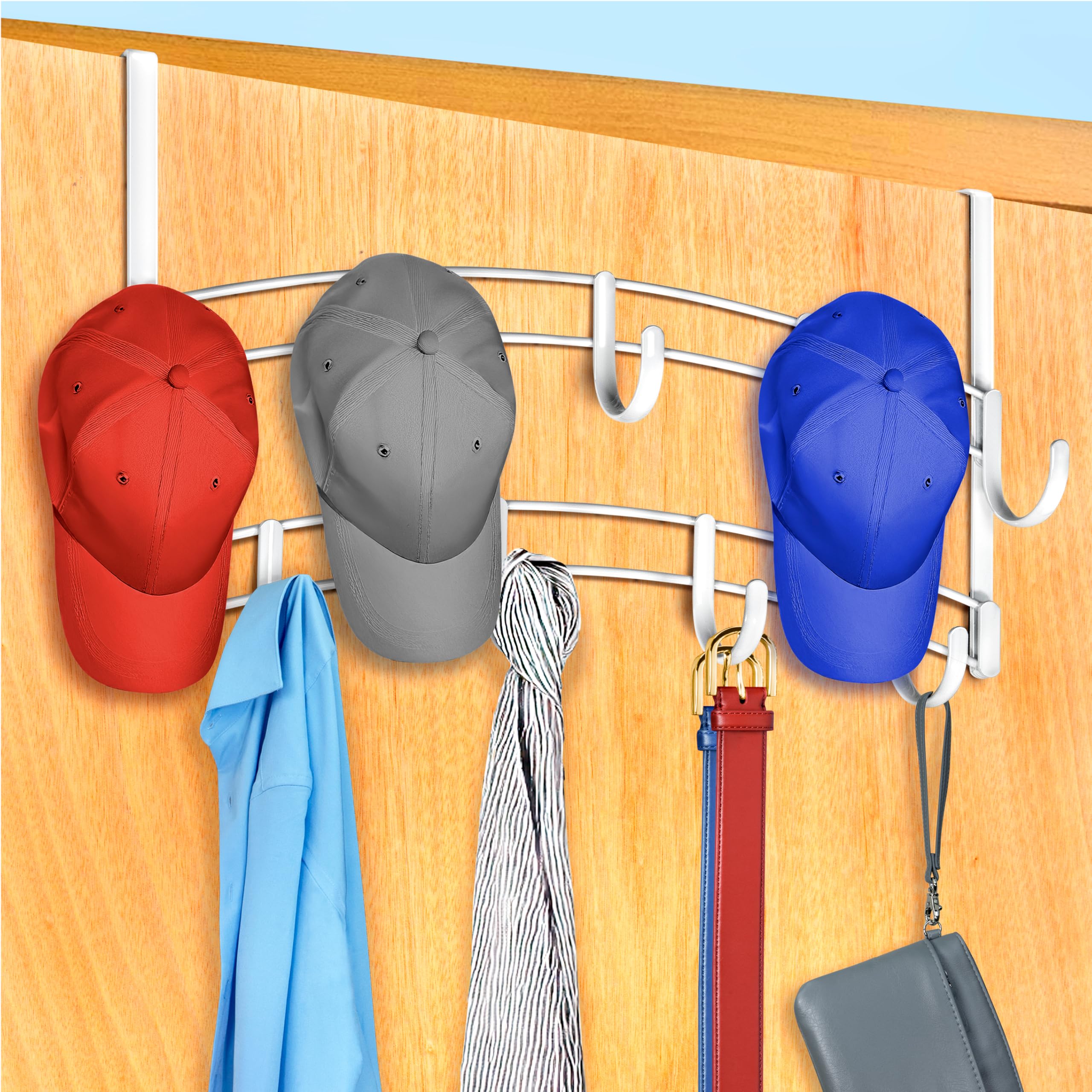 LYNK Professional Home 9-hook over door hanger organizes scarves and bags.